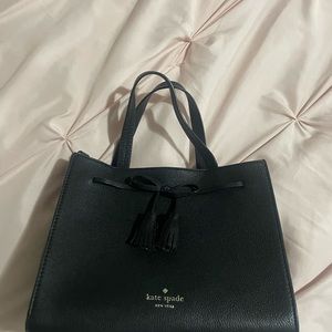 kate spade Black Leather Shoulder Tote with Tassel Bow
